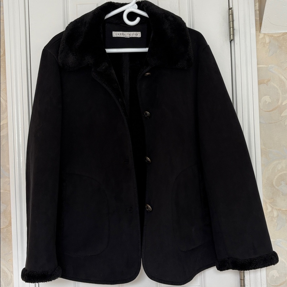Larry Levine Faux Suede and Shearling Stunning Black Jacket,Leather-like Buttons